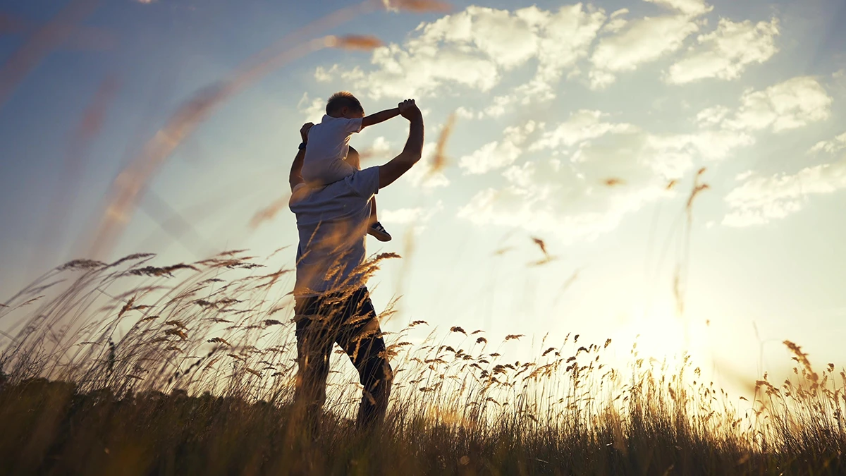 Adult carrying a child on their shoulders in a field at sunset.