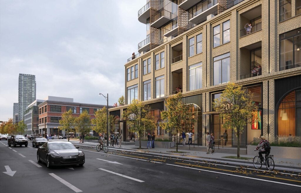 Architectural rendering of Integro Investments’ Beltline Block development in downtown Calgary, featuring modern residential towers, street-level retail, pedestrian-friendly sidewalks, and landscaped public spaces.